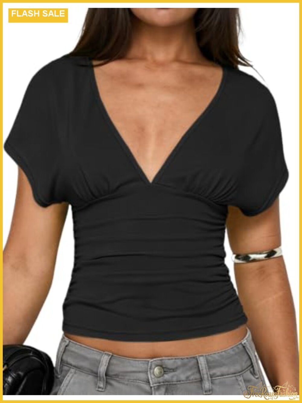 Women's Deep V Neck Ruched Wrap Crop Top Short Sleeve Polyester Spandex